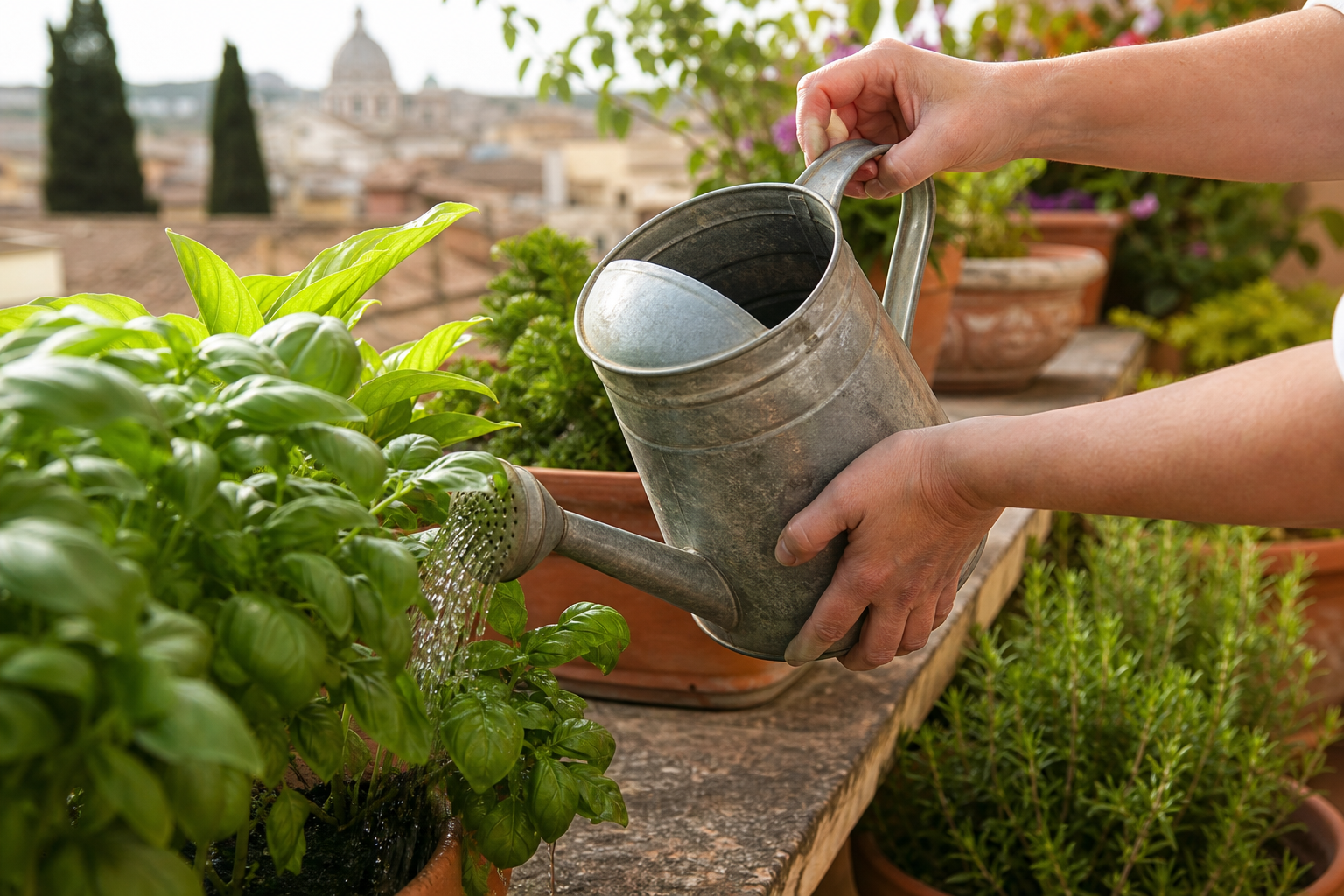 Annaffiatura di piante sul terrazzo